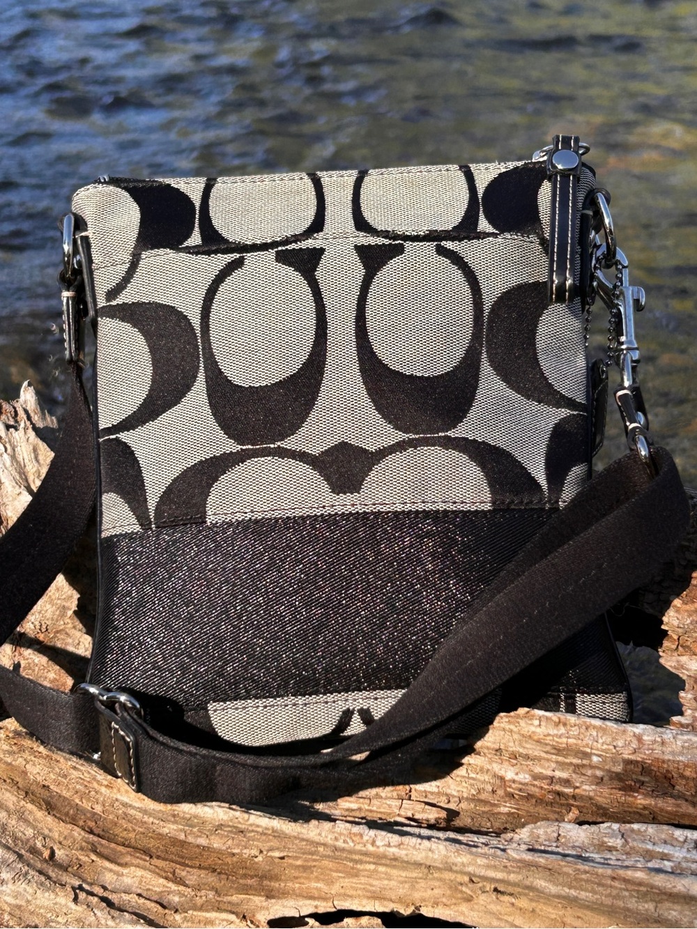 Authentic Coach Signature Jacquard Slim File Crossbody Bag - Smoke Grey & Black